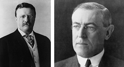 테디 루즈벨트 대통령(왼쪽)의 유산을 물려받은 우드로 윌슨. 이승만은 윌슨에게 독립 탄원서를 냈지만, 윌슨은 이를 듣지 않았다.